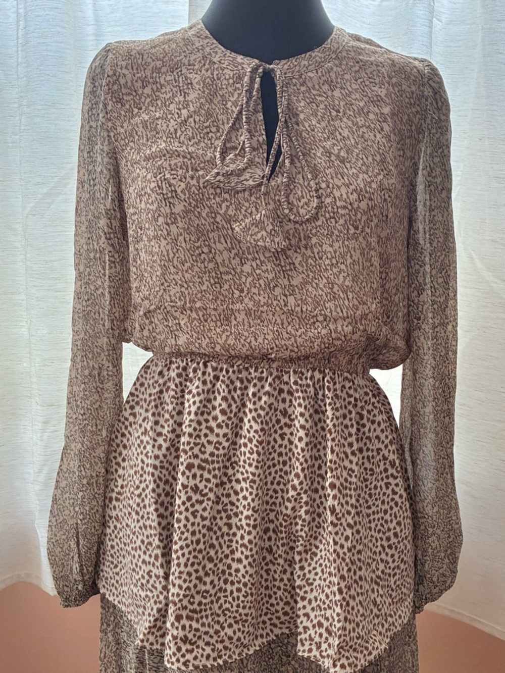 MYSTREE Brown Printed Long-Sleeve Peplum Tiered Dress - SIZE L